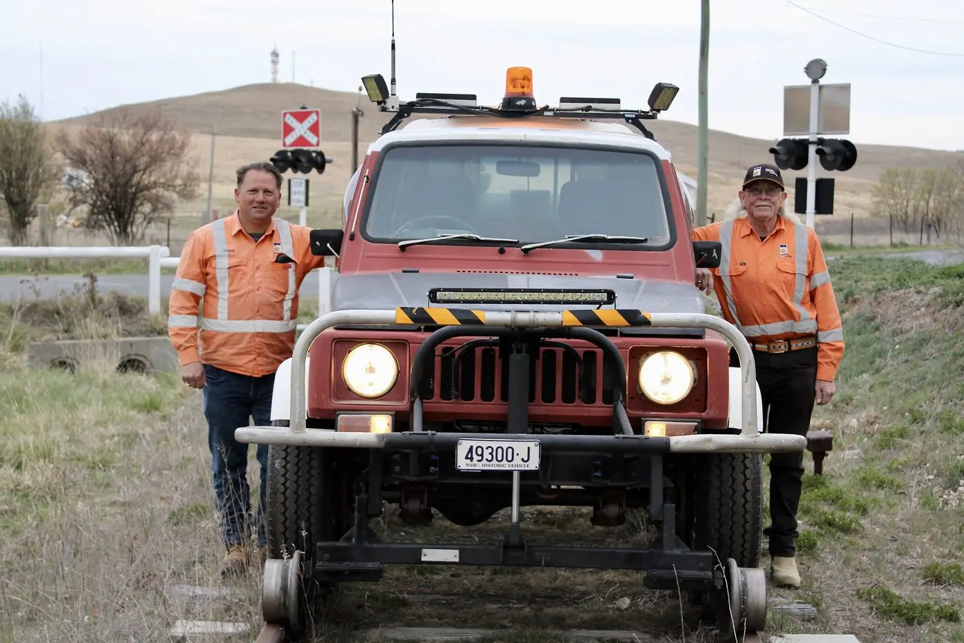 ON TRACK: Cooma Monaro Railway president, Gordon Strachan, and treasurer, Dave Rolfe, take the Suzuki Sierra hi-rail out for a spin on the railway tracks in Cooma. PHOTOS: Melinda Cairns Hack