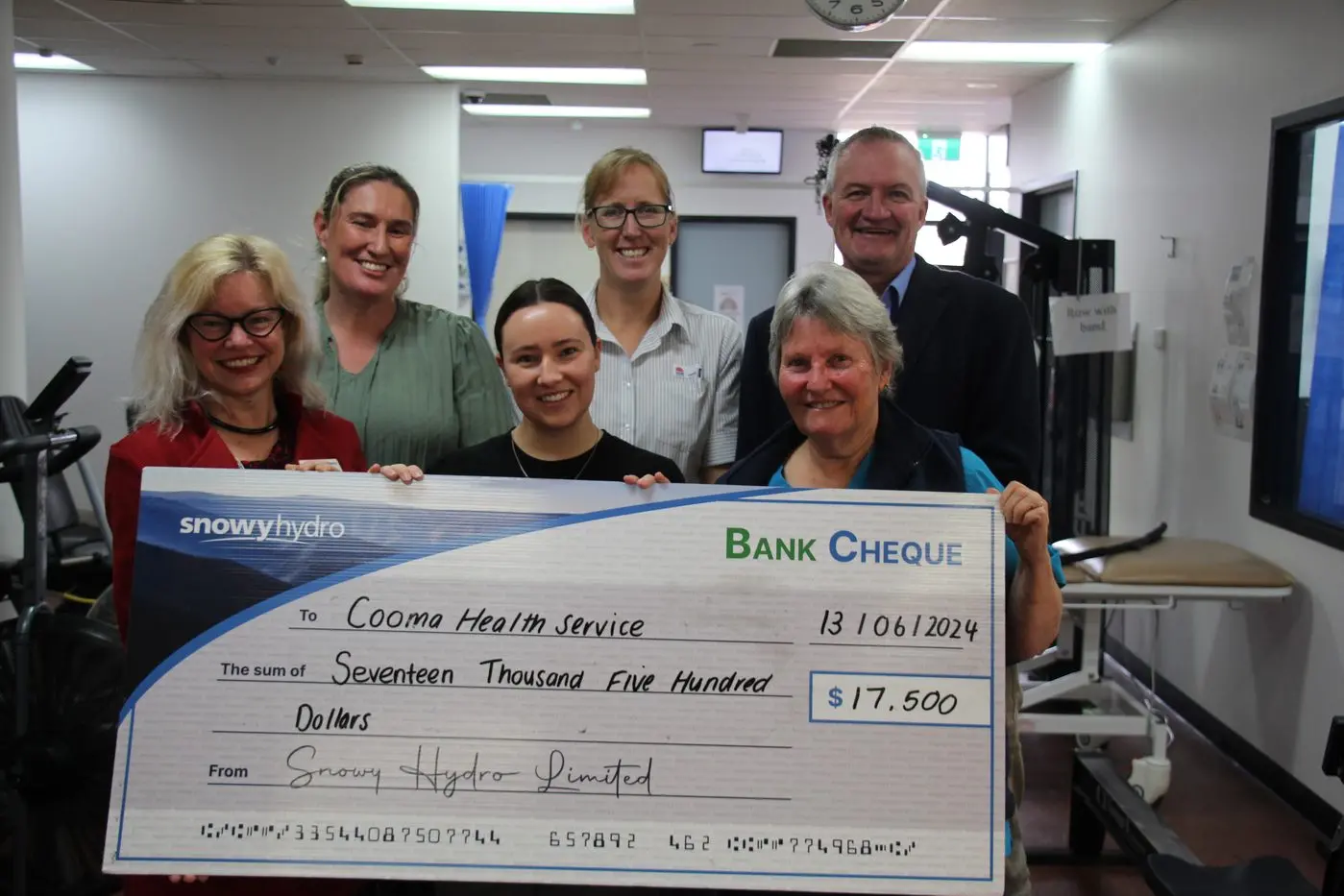 PATIENT SUPPORT: Cooma Hospital and Health Service staff join Dean Lynch of Snowy Hydro to accept $17,500 in equipment funding. Back row - jessica Jamieson, Head of Department Occupational Therapy; Jo Caldwell, Deputy Director Nursing and Midwifery Cooma Hospital and Health Service; and Dean Lynch, Snowy Hydro Relations Manager. Front - Kylie Williams, Acting Site Manager/Director Nursing and Midwifery Cooam Hospital and Health Service; Milly Crawford, Occupational Therapist; and Hilary Keighley, Head of Department for Physiotherapy Monaro Network. PHOTO: Nathan Thompson