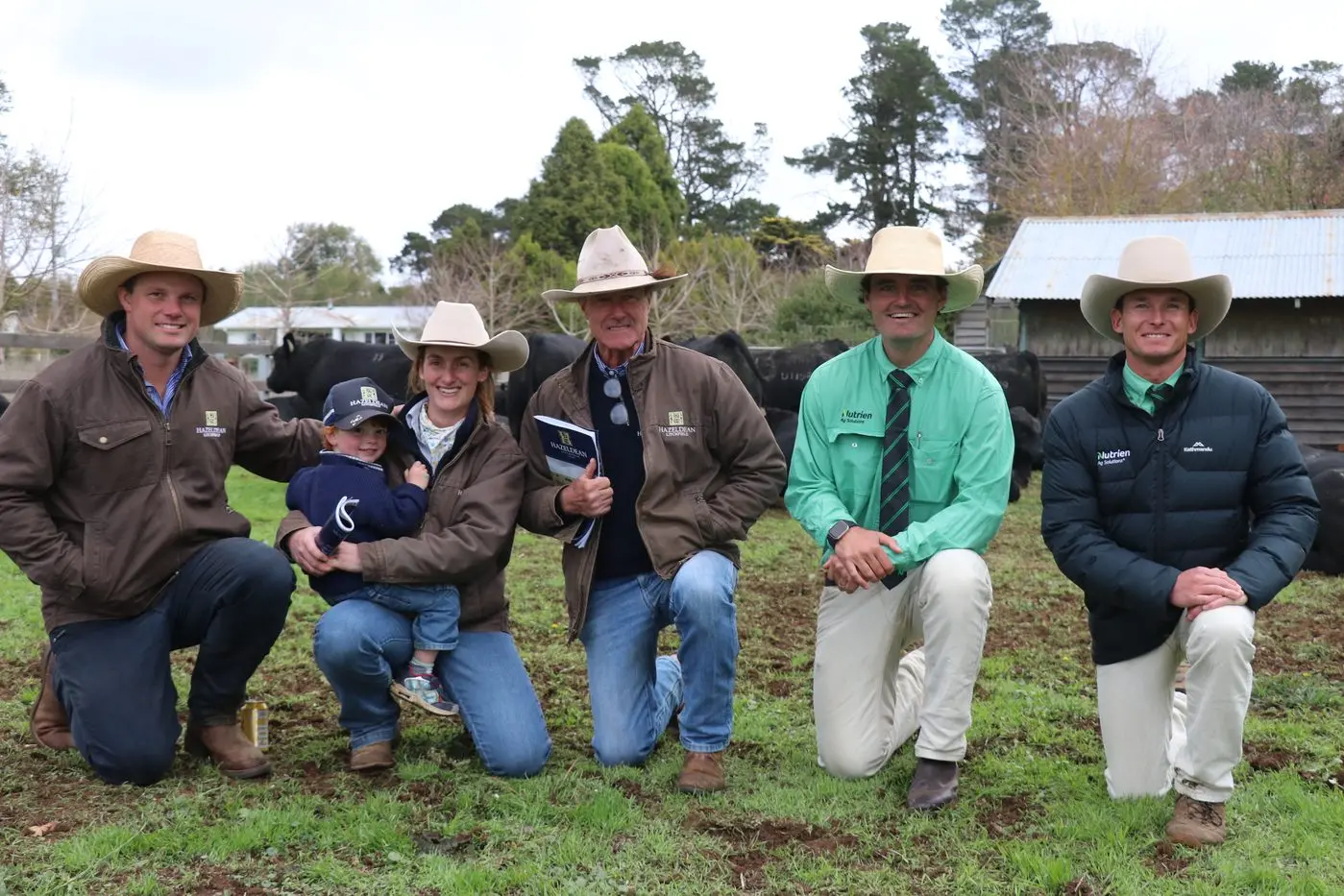 STUD SALE: Hazeldean\\'s Ed Bradley, Fred Litchfield, Bea Litchfield and Jim Litchfield are congratulated by Nutrien Ag Solutions Damien Roach of the Cooma branch and Hamish McGeoch of the Wagga Wagga branch. PHOTOS: Nathan Thompson
