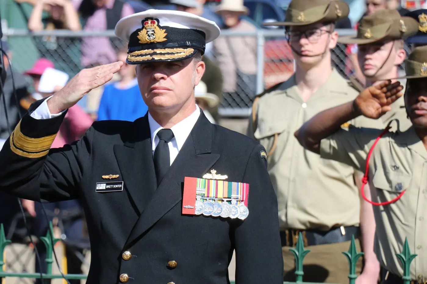 ANZAC DAY: Special guest at Cooma\\'s mid-morning service is Rear Admiral Brett Sonter, RAN, Commander Maritime Border Command. Rear Admiral Sonter spoke of the importance of remembering the sacrifices of our service personnel. PHOTO: Nathan Thompson