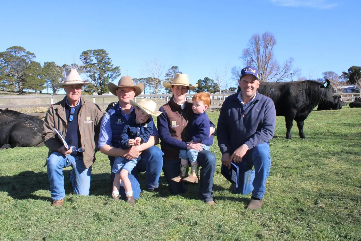 GENERATIONAL: Hazeldean\\'s Jim Litchfield (left), Ed Bradley and Bea Litchfield with sons Stirling and Fred, and Alex Wilson of Delta, Goulburn, who purchased the top-priced bull on behalf of clients. PHOTOS: Melinda Cairns Hack