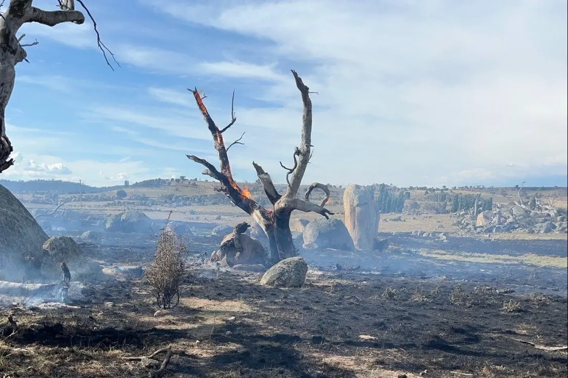 BURNED OUT:  The land blackened after grass on private land along Kosciuszco Rd caught alight as a result of a motor vehicle incident. PHOTOS: NSW RFS.