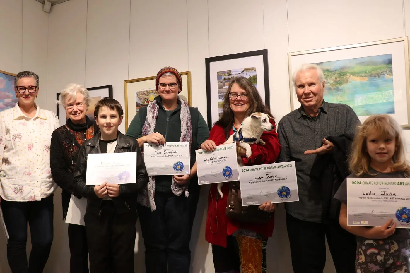 EXHIBITION: Award winners of the Climate Action Monaro art show. Left to right: Belinda Street, best photo; Tein McDonald, second open category, Noah Bond, second youth section; Anna Streatfeild, highly commended open category; Julia Cottrell-Dormer, third open category; Gunther Gorman on behalf of Lisa Baier who receives a highly commended open category; and Laila Judd, first youth section. PHOTOS: Nathan Thompson