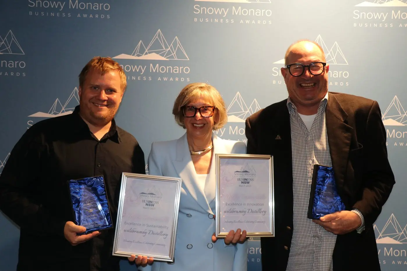 AWARDED: Outstanding Employee award winner, Sebastian Druege, and owners of Wildbrumby Distillery Monika and Brad Spalding. PHOTO: Nathan Thompson 