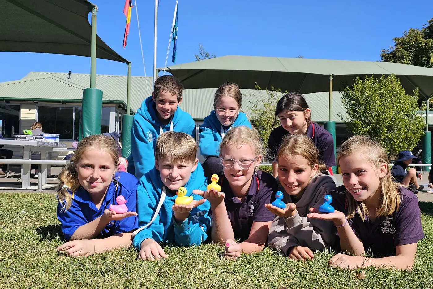 Which is the lucky duck? Delegate Public School Year Six kids (front, from left) Lola Tonisen, Mason Brooks, Harlan Ingram, Amelia Jeffreys and George Jeffreys and (back, from left) Lincoln Walker, Lucy Walker and Amanda Reed, are looking forward to the Good Friday Duck Race which raises funds for their end of year excursion. PHOTO: Karen Forman.