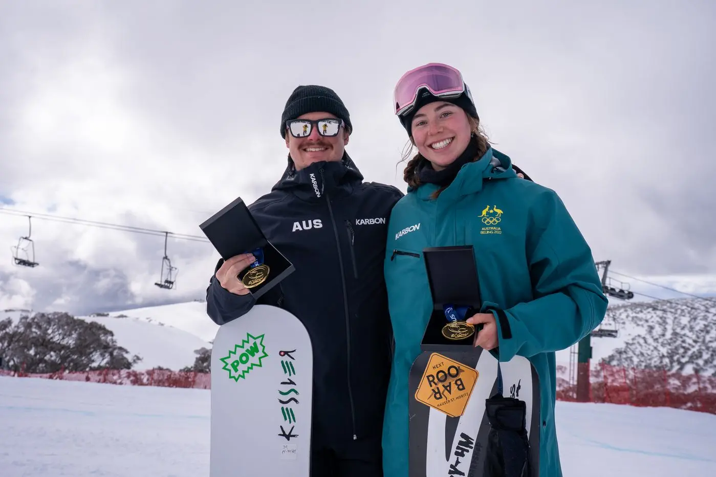 OLYMPIC HOPES: Hotham\\'s 2025 ANC SBX Races title winners Adam Lambert and Josie Baff. PHOTOS: Chris Hocking