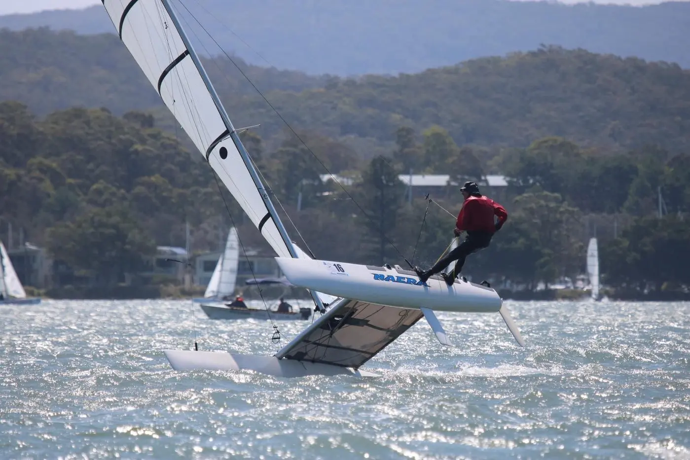NATIONALS: Tim Symons flies his hull at the Nacra Nationals. PHOTOS: Lake Jindabyne Sailing Club