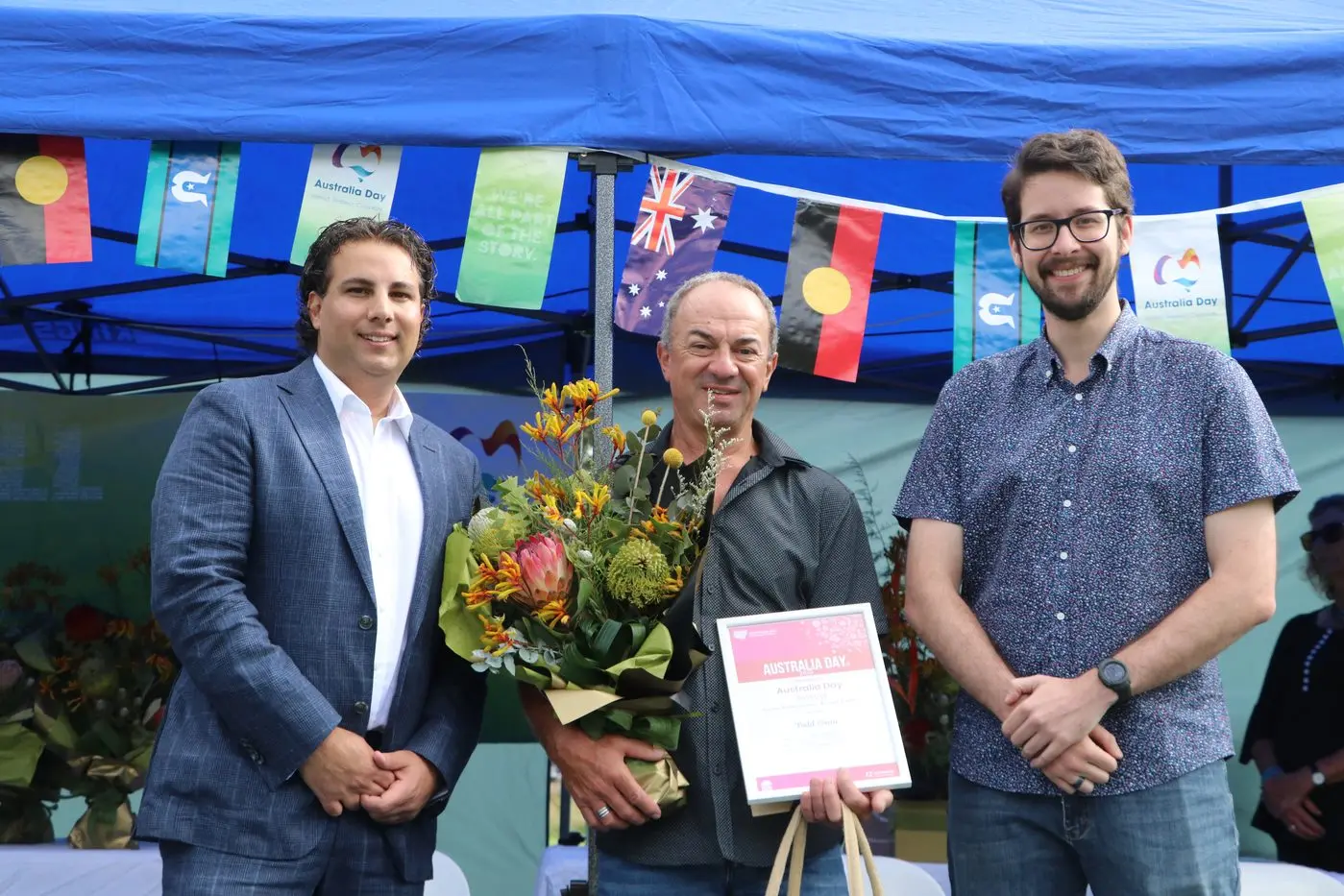 ART: Snowy Monaro Regional Council mayor, Cr Chris Hanna, special achievement for arts and culture award recipient, Todd Costa, and the Australia Day ambassador Ethan Butson. PHOTO: Trista Heath