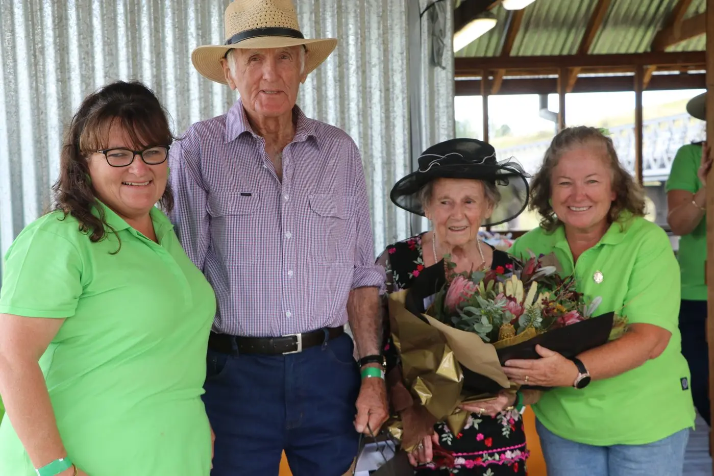 DEDICATION: Dalgety Show Society secretary, Natalee Reid (left), and president, Julie Hedger, thank Don and Mill Wellsmore for their contributions to the show and community. PHOTO: Nathan Thompson
