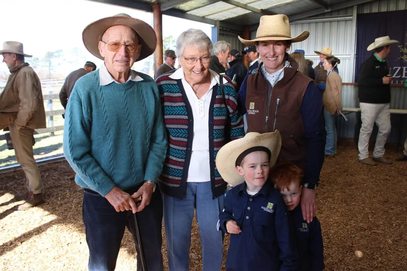 REUNION: Ken and Daphne Miners with Bea Litchfield and two of her children, the seventh generation of Hazeldean Litchfields, Stirling and Fred. PHOTO: Melinda Cairns Hack
