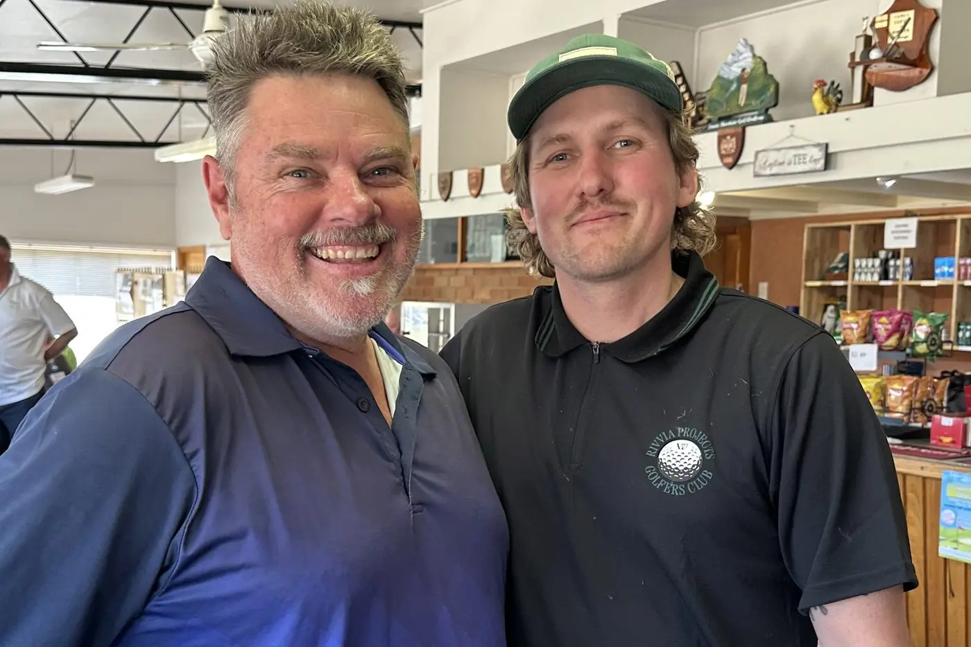 COOLAMATONG: At the charity par three day on Sunday, the nett winner Pete Hastings (49) with runner-up Jye Kearney (51). PHOTO: Coolamatong Golf Club