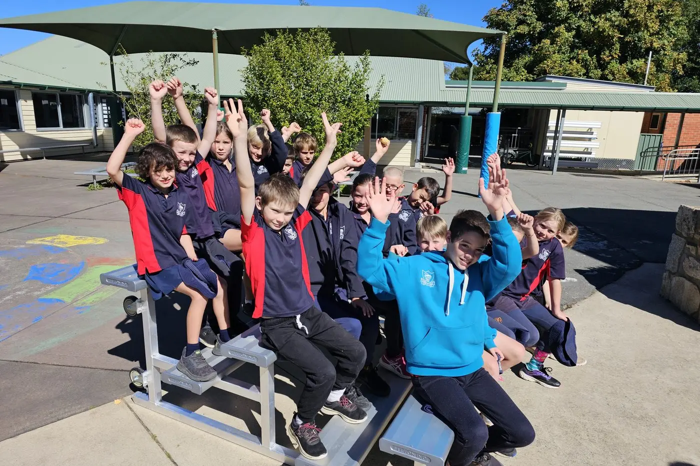 GRANT: Delegate Public School students (back from left) Wilbur Walcott, Liam Guthrie, Alisha Ingram, Jamie Garland, Arthur Walcott, James Jeffreys (middle from left) Peter Talbot, Toby Ingram, Hamish Walker, Evie Walker, Jet Franke (front, from left) Mason Brooks, Myah Voveris, Abbey Gilbert, Trinity Reid, Lincoln Walker, try out one of the new grandstands funded with NSW Variety The Childrens Charity funding. PHOTOS: Karen Forman.
