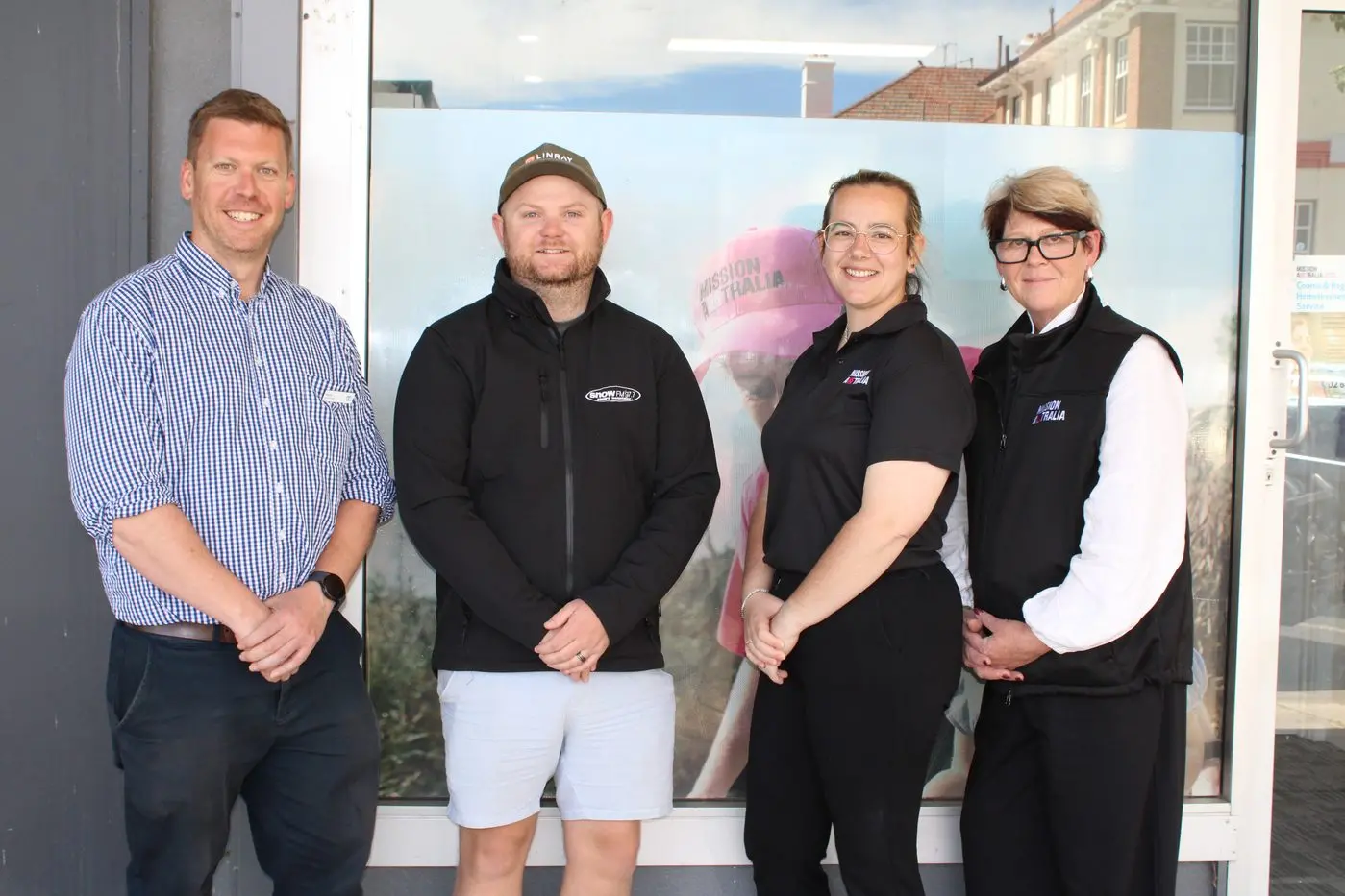 AWARENESS: Mission Australia acting co-ordinator, Cooma Region Homelessness Support Service, Brittany Hynes, (middle right) with case worker, Debbie Schubert, and local sponsors of Mission Australia\\'s Sleep in Your Car initiative, general manager Snow FM, Mitch Hynes (middle left) and general sales manager High Country Auto, Mitch Newman. PHOTO: Melinda Cairns Hack