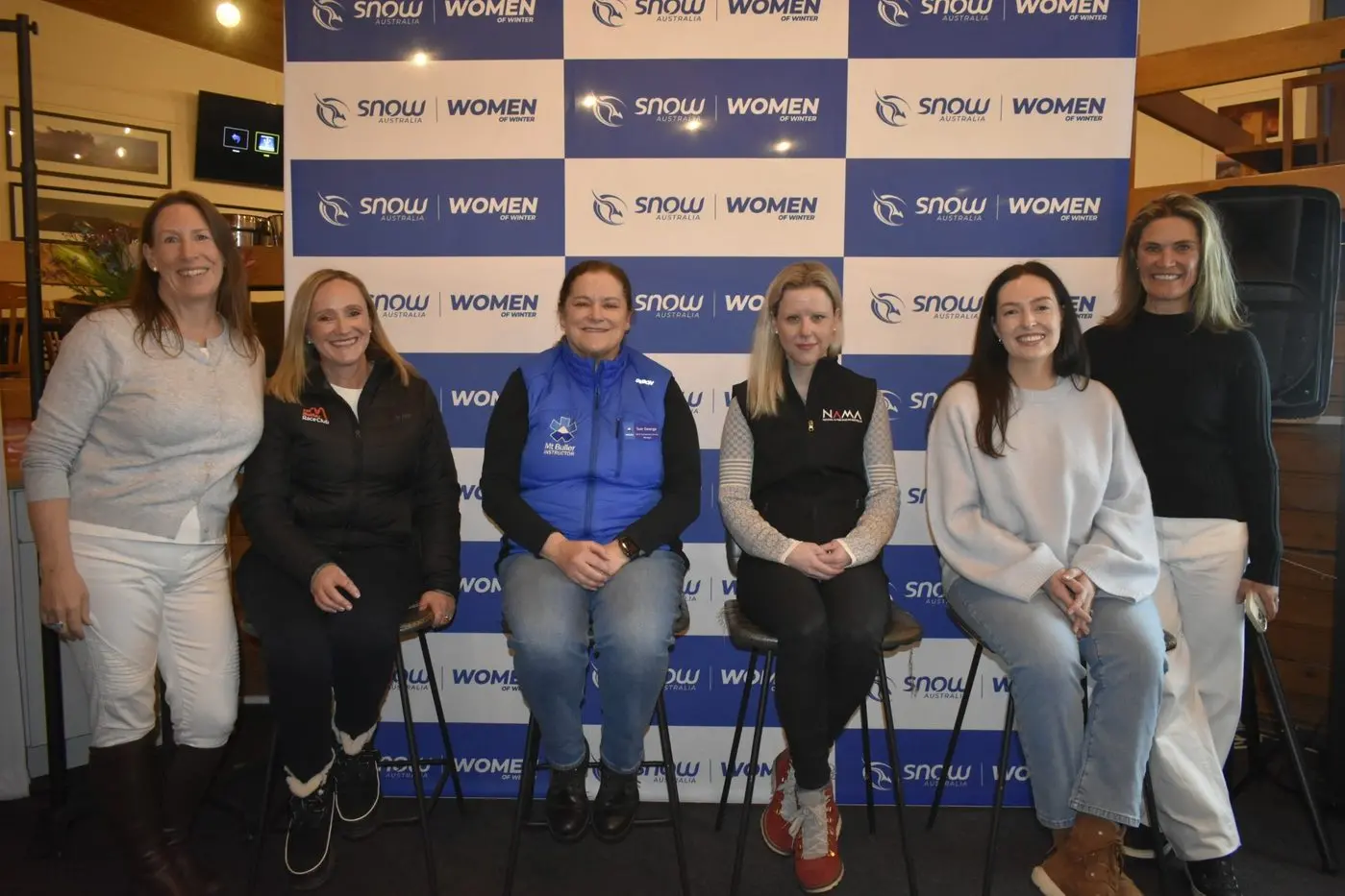 GROUP PANEL: The hosts and panel for the Mt Buller Women In Winter event (from left): Rhylla Morgan, BSL PR & Communications officer; Lesa Brown, Mt Buller Race Club; Sue George, Mt Buller Ski School manager; Michelle Stevenson, National Alpine Museum Australia manager;  Lucy Blyton-Gray, general manager, Selwyn Snow Resort and Charlotte Pass; and Caroline Brauer, Snow Australia Women In Winter member. PHOTO: Pam Zierk-Mahoney