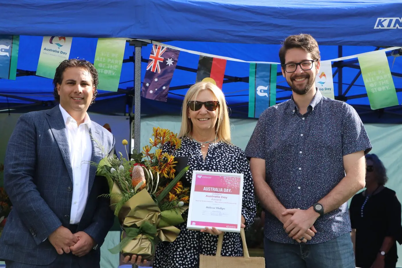 ACHIEVEMENT: Snowy Monaro Regional Council mayor, Cr Chris Hanna, special achievement for education and community award recipient, Melissa Phillips, and the Australia Day ambassador Ethan Butson. PHOTO: Trista Heath