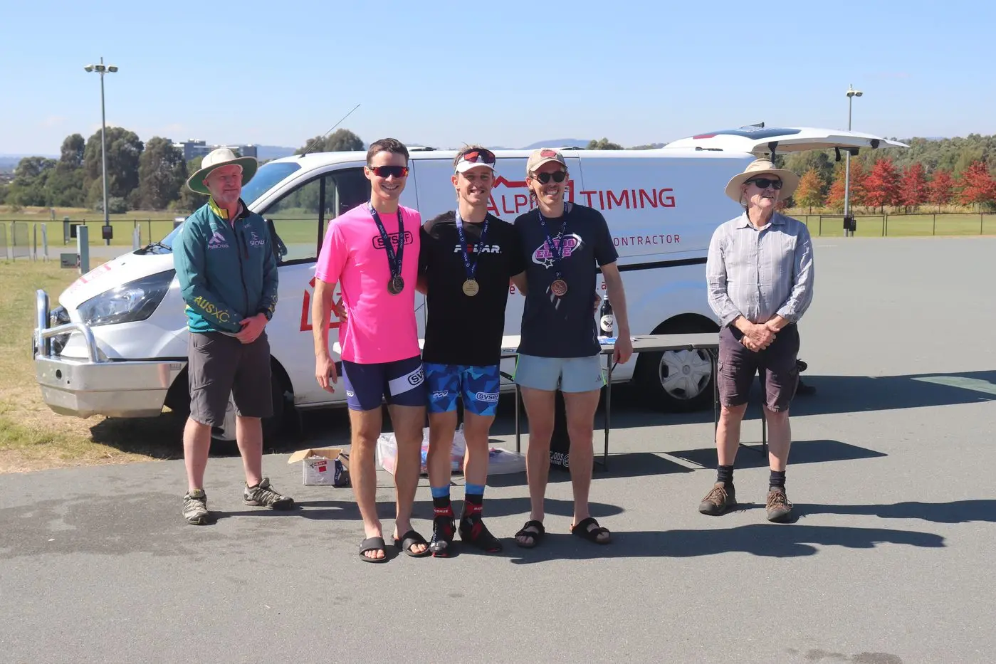 CRITERIUM: Finn Marsland (left), Jayden Spring (Silver), Bentley Walker-Broose (Gold), Adam Barnett (Bronze), Peter Cunningham (right). PHOTOS: Supplied