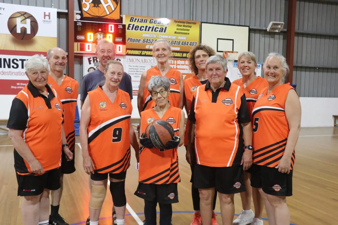 READY TO GO: The Cooma Walking Basketball squad will compete in the Australian Masters Games this week. Back: David Pevere one of the team\\'s sponsors, Brian Geach, Elly Szkobel, Ruby Curtis and Leanne Wiggins. Front: Amelia Sandner, Gail Eastaway, Mary Obermaier, Betty Longhurst and Judy Williams. PHOTO: Nathan Thompson
