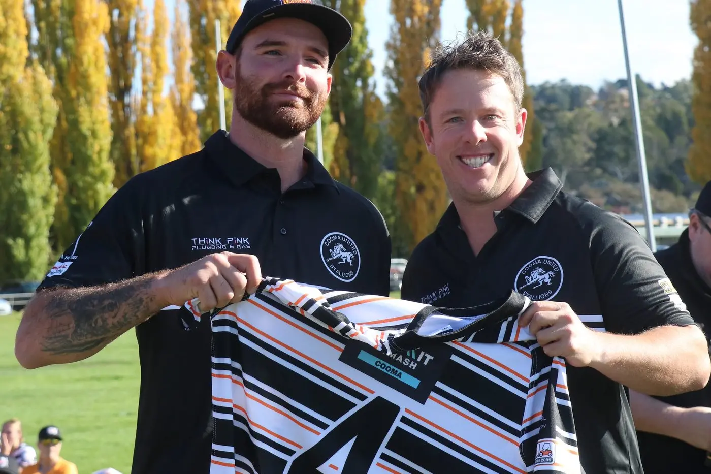 NEXT STEP: Cooma product and former Canberra Raider, Sam Williams (right) will head to Cairns to coach the Northern Pride side in the highest Queensland rugby league competition. Williams is pictured earlier this season, presenting Cooma Stallions centre, Mitchell Sullivan, with a heritage jersey. PHOTO: Nathan Thompson
