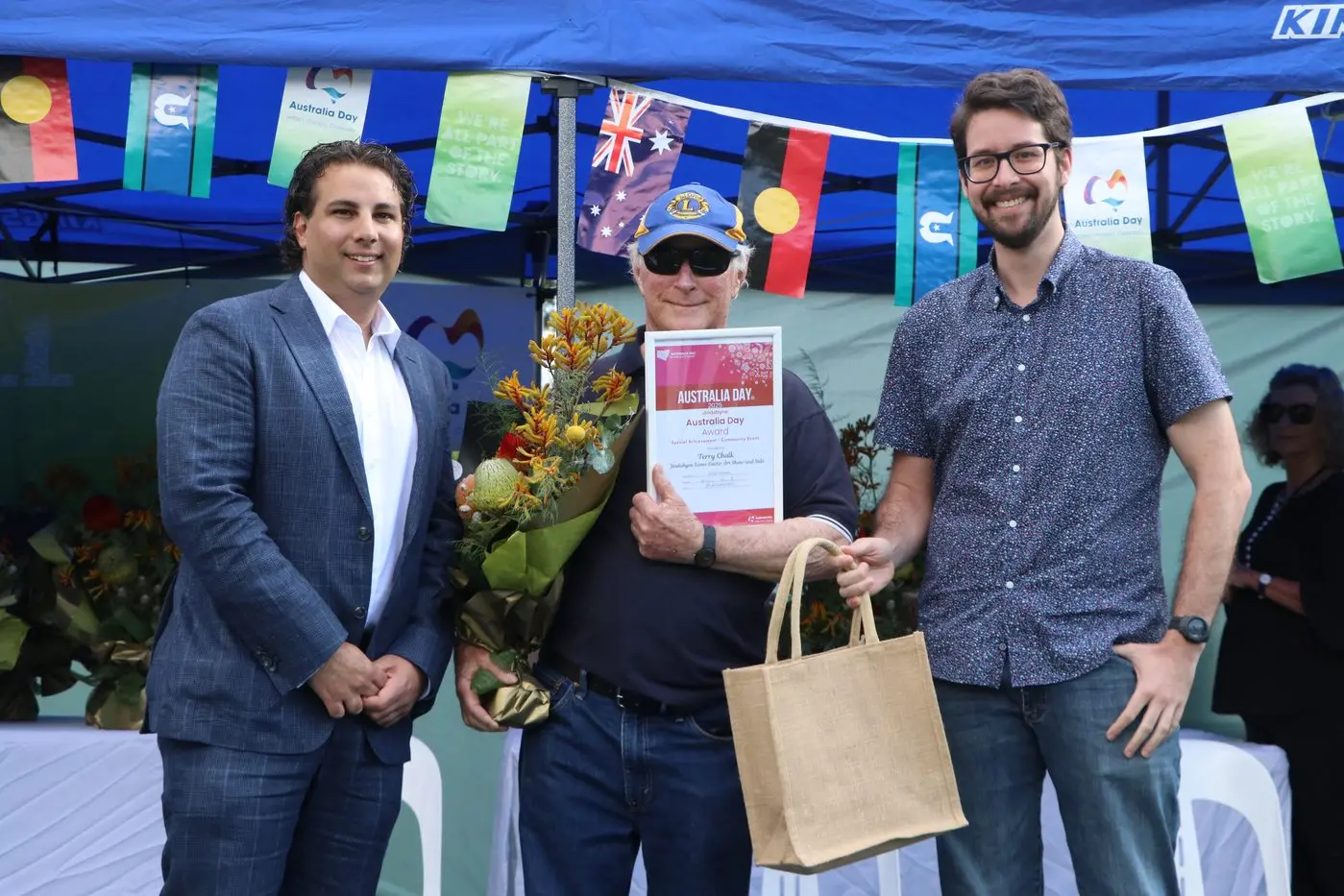 COMMUNITY: Snowy Monaro Regional Council mayor, Cr Chris Hanna, special achievement for community event award recipient, Terry Chalk, and the Australia Day ambassador Ethan Butson. PHOTO: Trista Heath