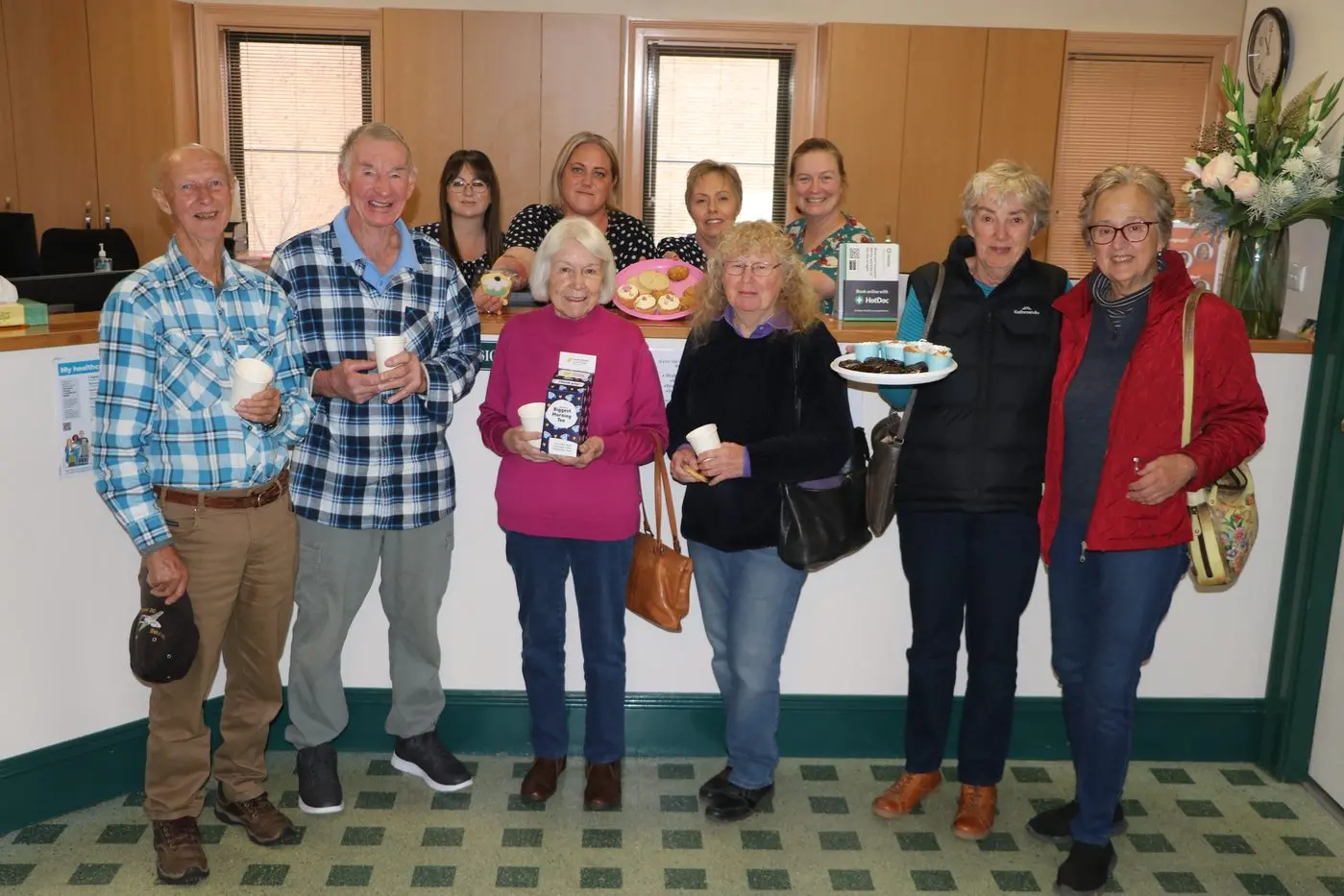 Bombala Street Surgery staff (back from left) Tammy Filmer, practice manager Marina Johnston, Jodi Moore and Dr Sarah Merefield\\nwith members of the Numeralla Table Tennis Society at their Australia\\'s Biggest Morning Tea event. PHOTO: Karen Forman