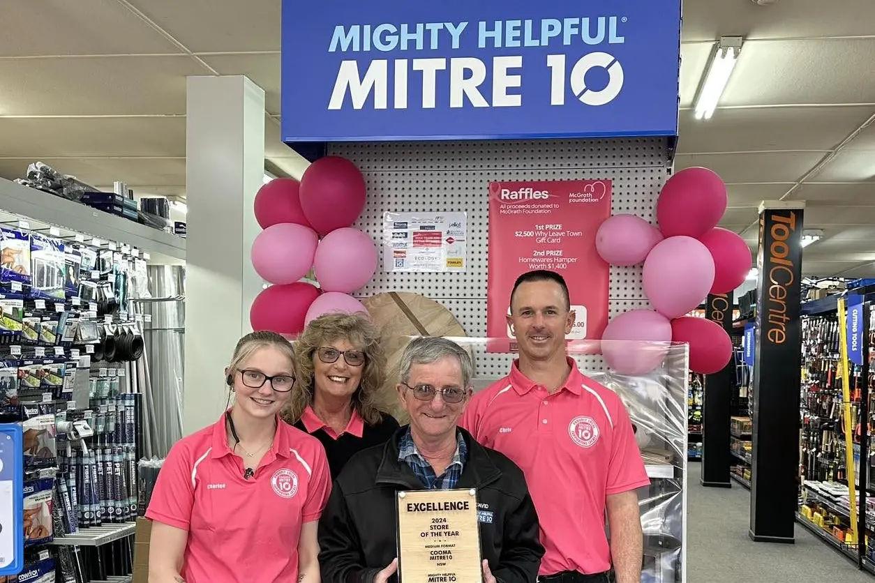 WINNERS: Cooma Mitre 10 manager, Chris Fitzgerald (back right) said he is proud of the team on winning the best store in NSW at the Independent Hardware Group awards. Charlee, Debbie, and David join Chris with the award. PHOTO: Cooma Mitre 10