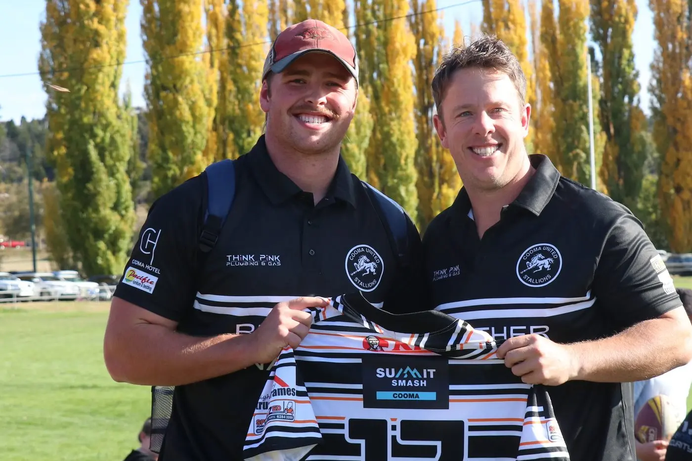 LOCAL TALENT: Cooma Stallions legend, Sam Williams, (right) presents Dempsey Woolf with his first grade Stallions jersey ahead of his club debut. Woolf is a talented young rugby league player and was thrilled to receive his jersey from Williams, who amassed more than 100 NRL games. PHOTO: Nathan Thompson