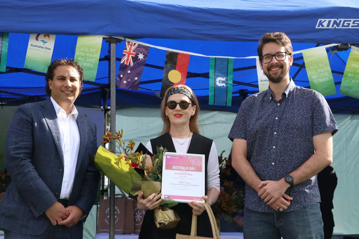 HOSPITALITY: Snowy Monaro Regional Council mayor, Cr Chris Hanna, special achievement for business award recipient, Jodie Evans, and the Australia Day ambassador Ethan Butson. PHOTO: Trista Heath