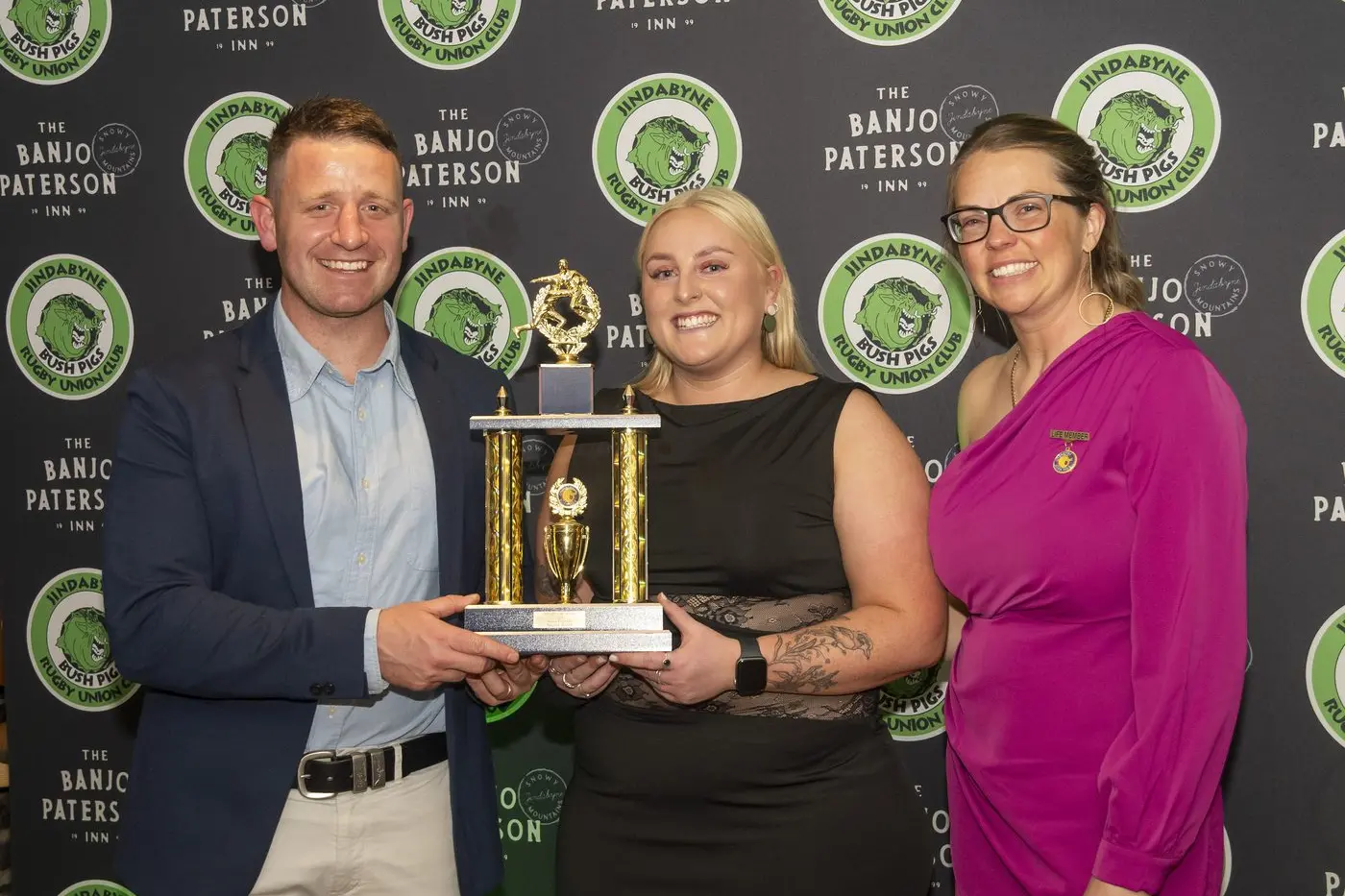 RECOGNITION: The Jindabyne Bushpigs senior club person of the year is presented by life member Nicole Raine (right) to joint winners Daniel Josifovski and Saskia Dutch. PHOTO: Supplied