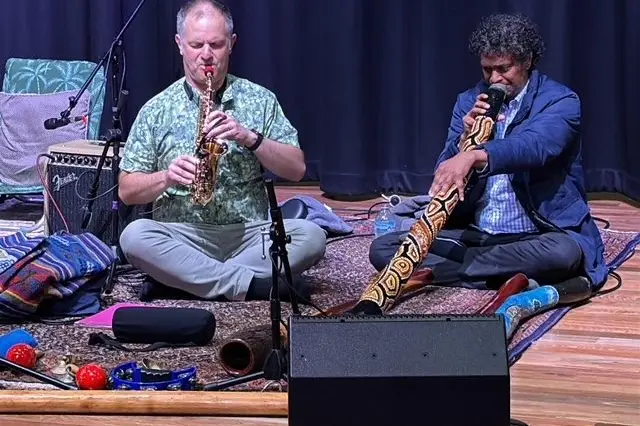 RELAXING: Saxophone and didgeridoo players performing as part of the Music for Joy programs held at the Monaro High School auditorium recently. PHOTOS: Supplied