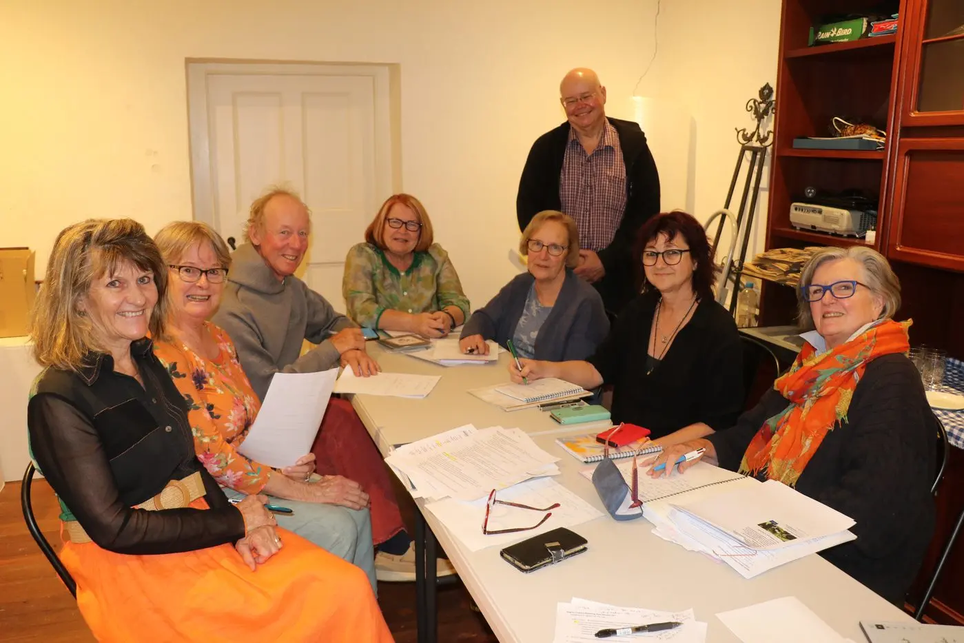 IN GOOD HANDS: Raglan Gallery board members (from left) Jen Coles, Hilary Smith, Bob Coles, Janet Johnston, Glen Dewing, Lea Monticone, Wendy McDougall and Merilyn Minell meet at the gallery for the first planning day for the year. PHOTO: Melinda Cairns Hack