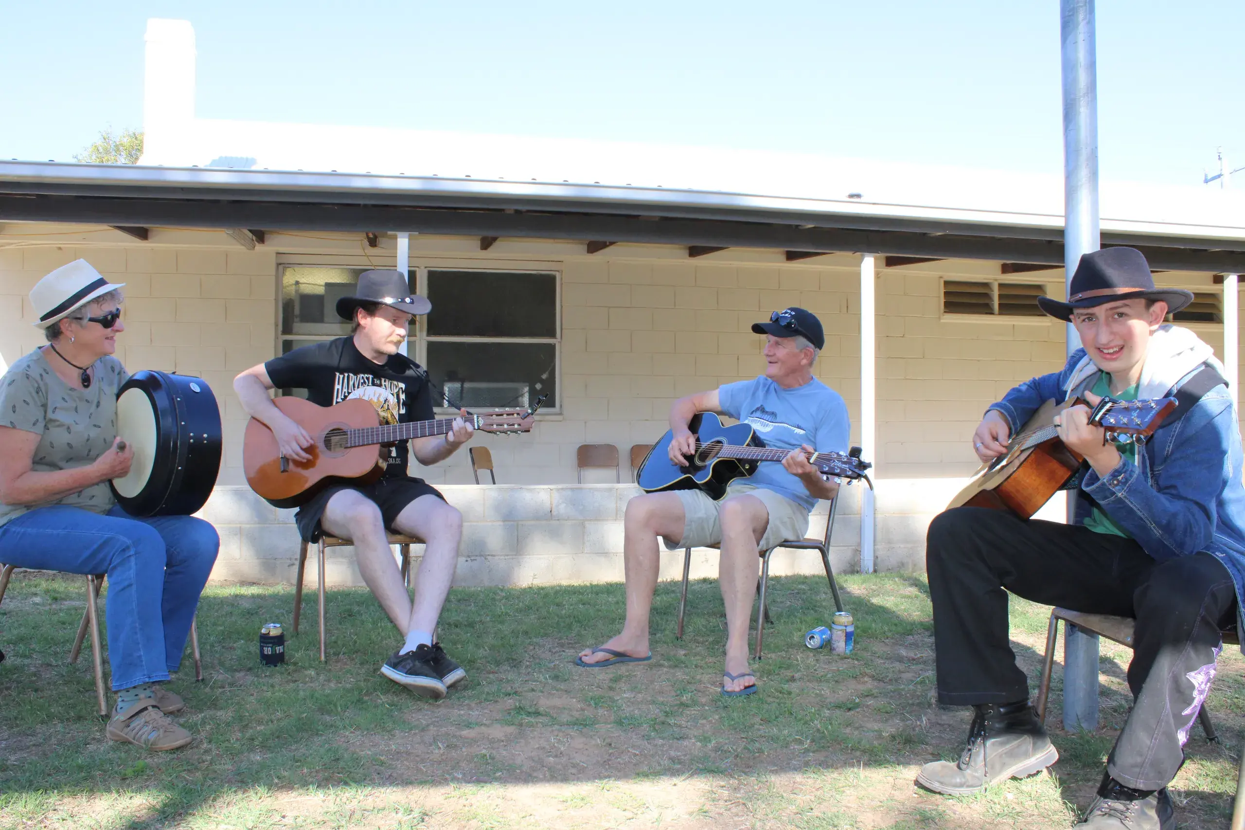 <p>VIBING: The Numeralla Folk Festival attracts musicians to the small village to sit and jam with one another in a relaxed setting for a weekend, listen to some exceptional music as well as participate in various workshops if desired. Pictured are (from left) Alison Goodman of Canberra playing the bodhran, Blaine Winchester of Queanbeyan and Wayne Winchester of Captains Flat with Arthur Gibson of Numeralla. PHOTO: Melinda Cairns Hack</p>\\n