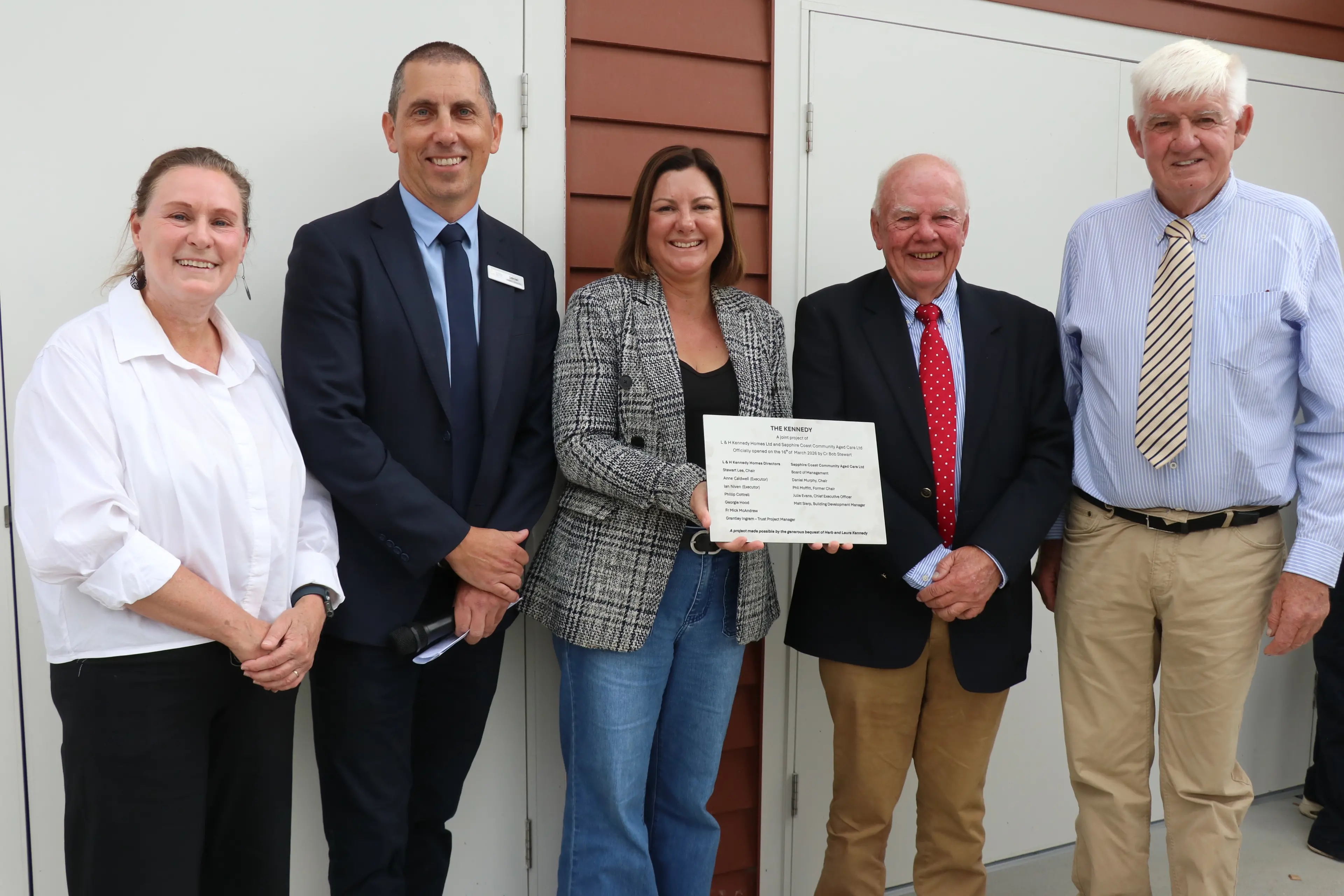 <p>OPEN: An official opening ceremony was held for the Kennedy Retirement Village in Bombala on Monday. Pictured are SCCAC CEO, Julie Evans; SCCAC board chair Daniel Murphy; Member for Eden-Monaro, Kristy McBain; Kennedy Trust chairman, Stewart Lee; and Snowy Monaro Regional councillor, Bob Stewart. PHOTO: Elle Thompson</p>\\n