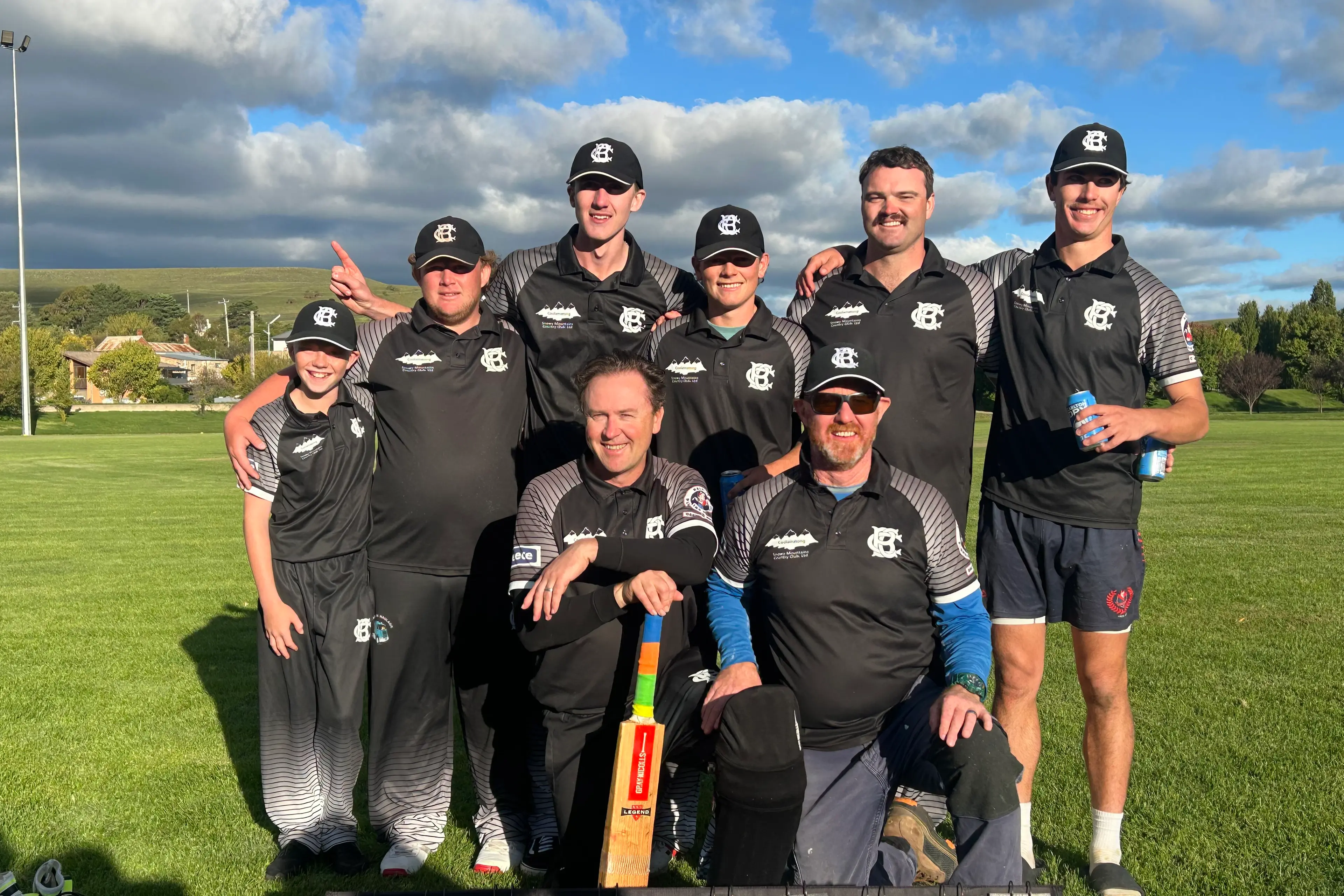 <p>HARD WORK: Berridale cricket stalwarts, Ben Hearn (front left) and Andrew O\\u2019Keeffe, celebrate the premiership win with six juniors the pair has coached. PHOTO: Supplied</p>\\n