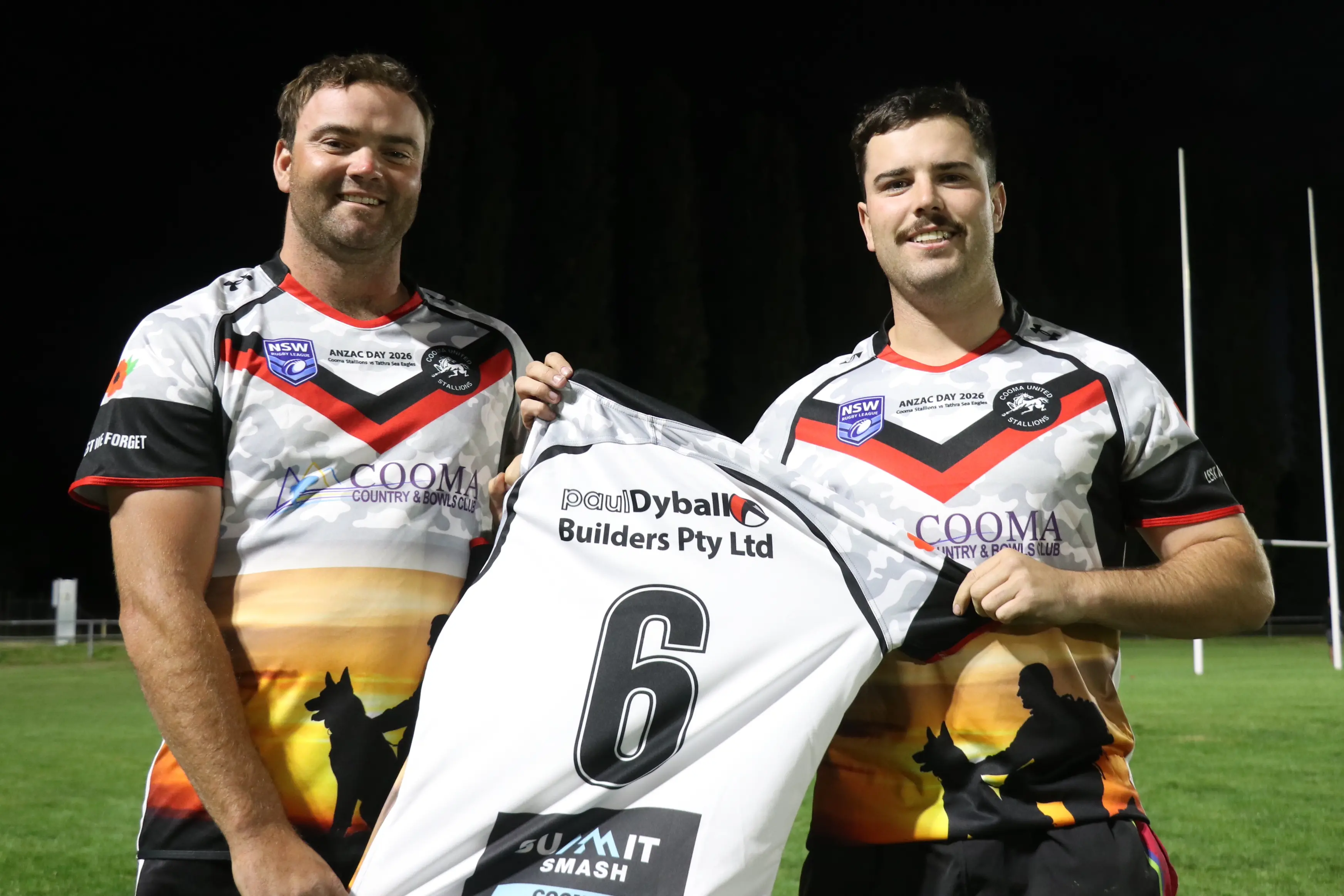<p>GROUP 16: Cooma Stallions first grade captain, James Cahill (left), with new signing and Cooma product, James Dyball, unveil their club\\'s special ANZAC Day jerseys. PHOTO: Nathan Thompson</p>\\n