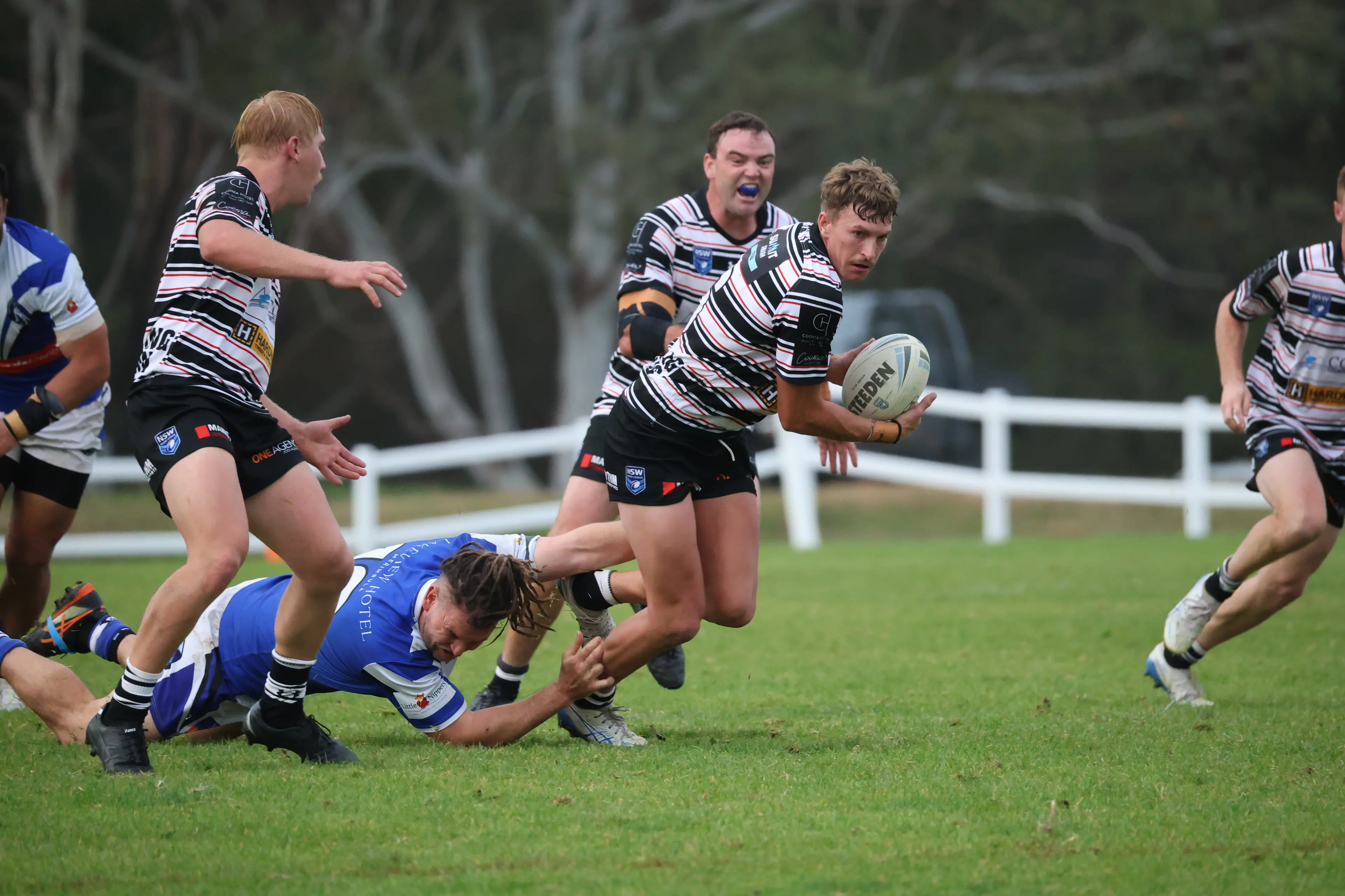 <p>ATTACK: Stallions playmaker, Brock Halls, looks to break free of the defence. PHOTO: AS Photography </p>\\n