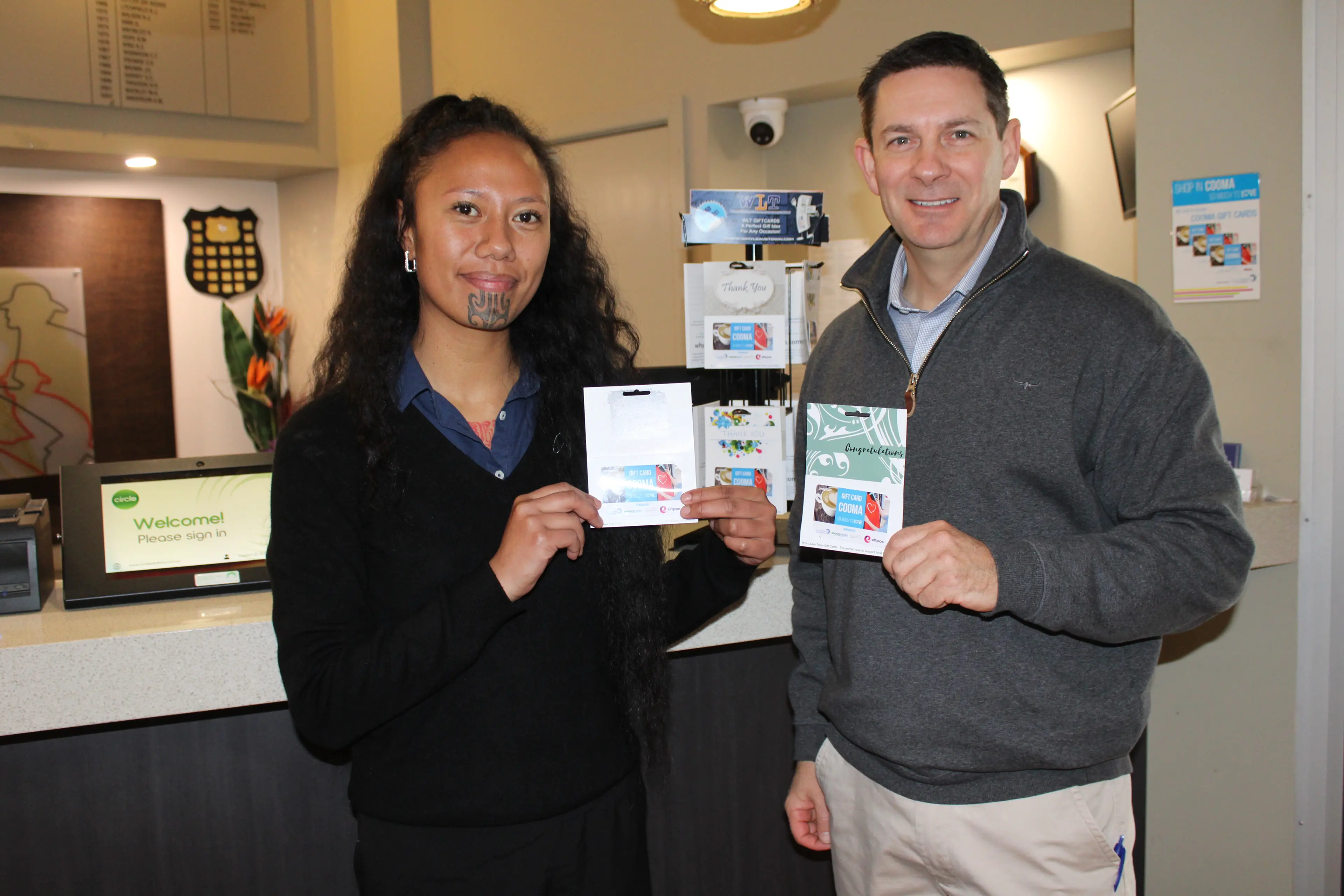 <p>LOCAL: Cooma Ex-services Club staff member, Puawai Moses, with CEO, Kade Morrell, hold some of the Why Leave Town gift cards. PHOTO: Melinda Cairns Hack</p>\\n