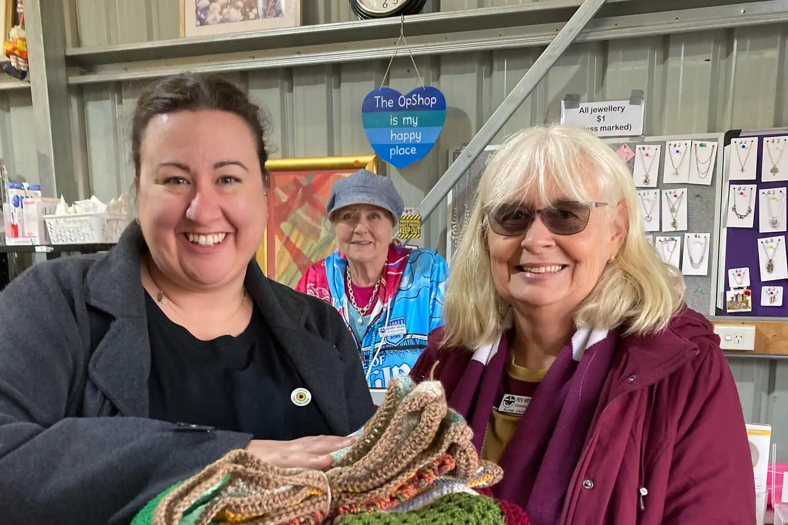 <p>DONATE: Organiser of Snowy Stitches Club, Rachelle Edwards, donates blankets to those in need at last Monday\\u2019s soup and dessert night. PHOTO: Supplied</p>\\n