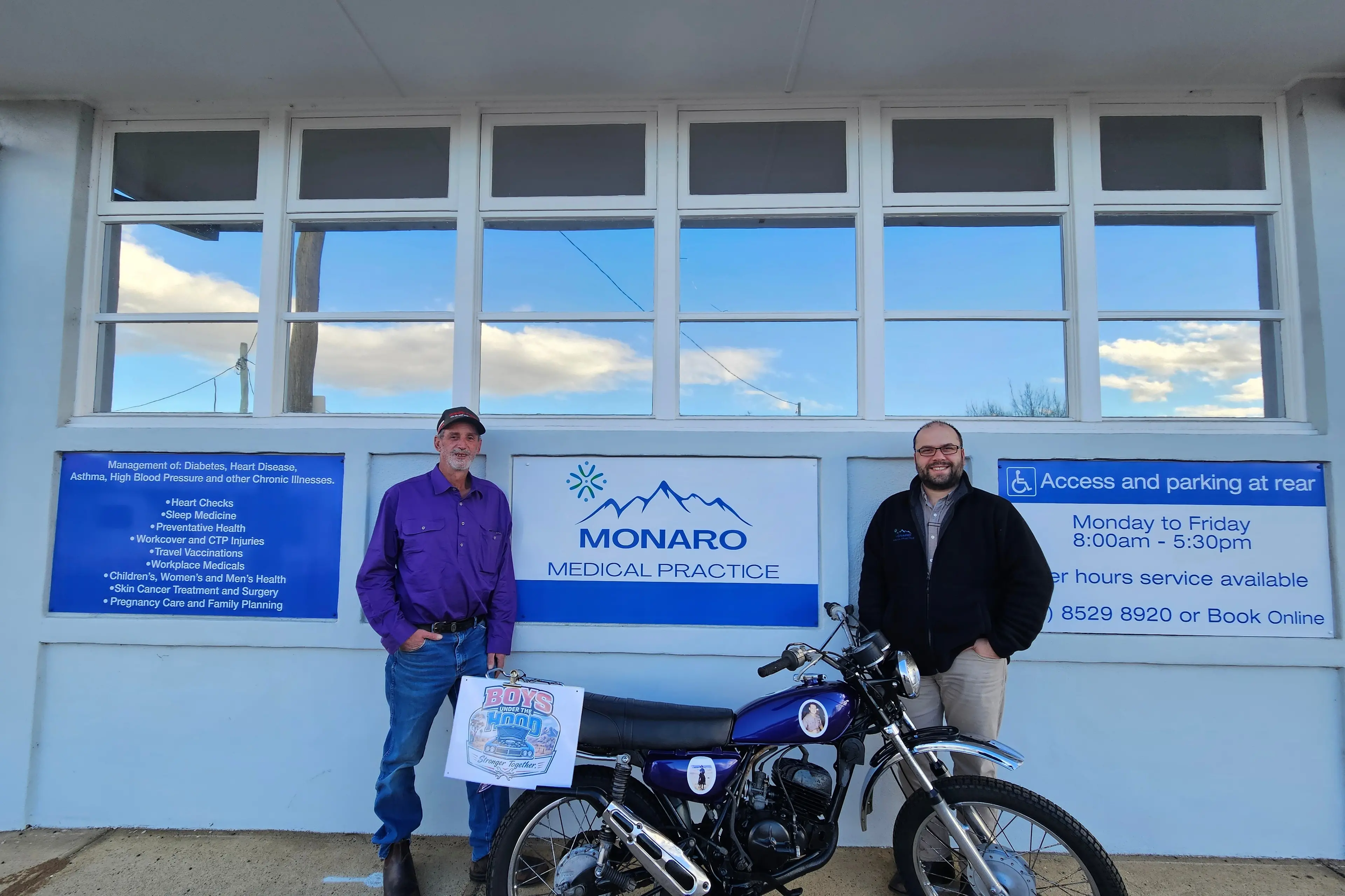 <p>CONNECTION: Will Bowerman (left) of recently launched men\\u2019s mental health initiative, Boys Under The Hood, thanks Dr Dominic Manassa of the Monaro Medical Practice for supporting the group. PHOTO: Supplied</p>\\n
