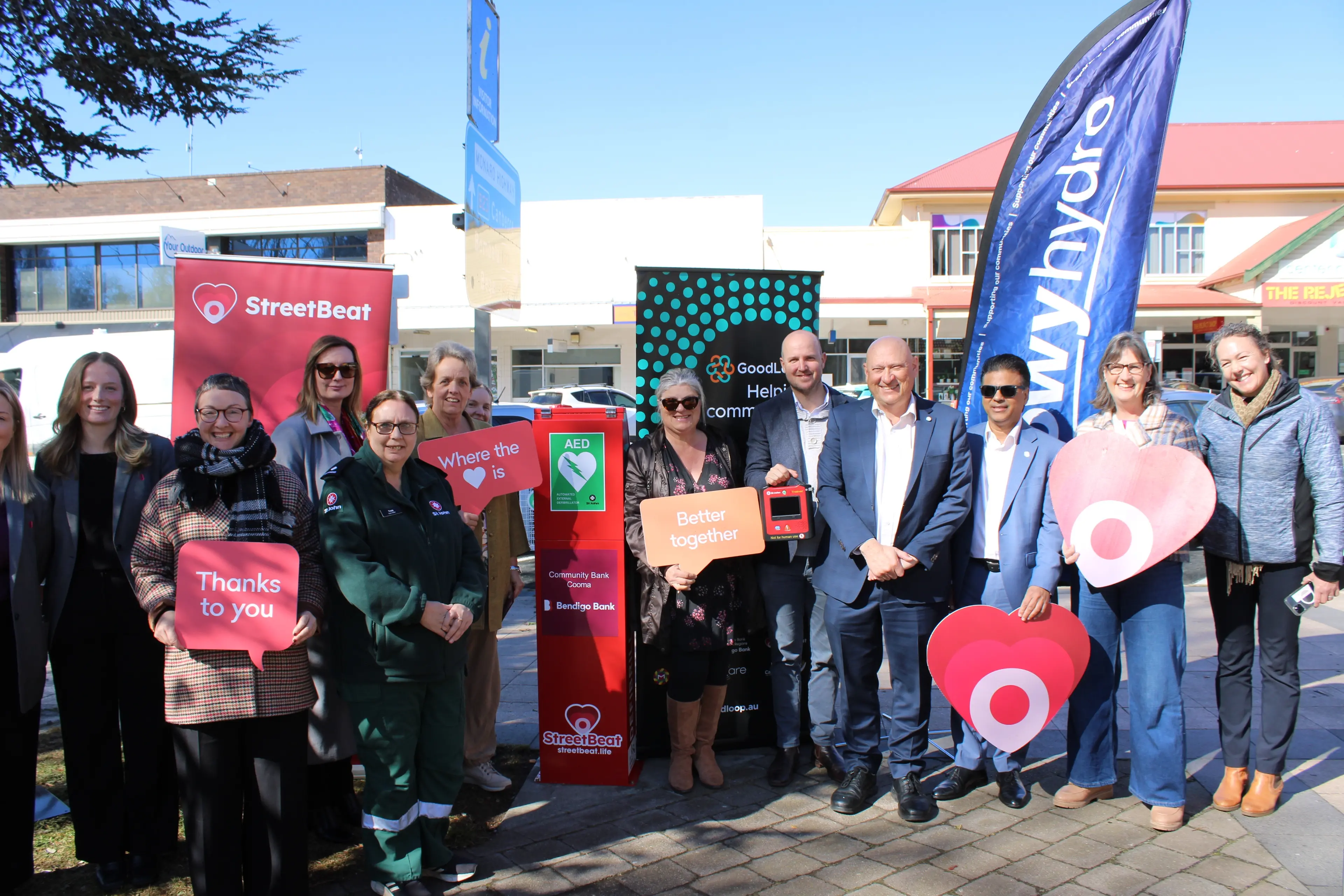 <p>TOGETHER: Representatives of GoodLoop Mutual, Community Bank Cooma, Snowy Hydro, St John\\u2019s ambulance and Snowy Monaro Regional Council stand at the new AED in Cooma\\u2019s CBD. PHOTO: Nathan Thompson</p>\\n
