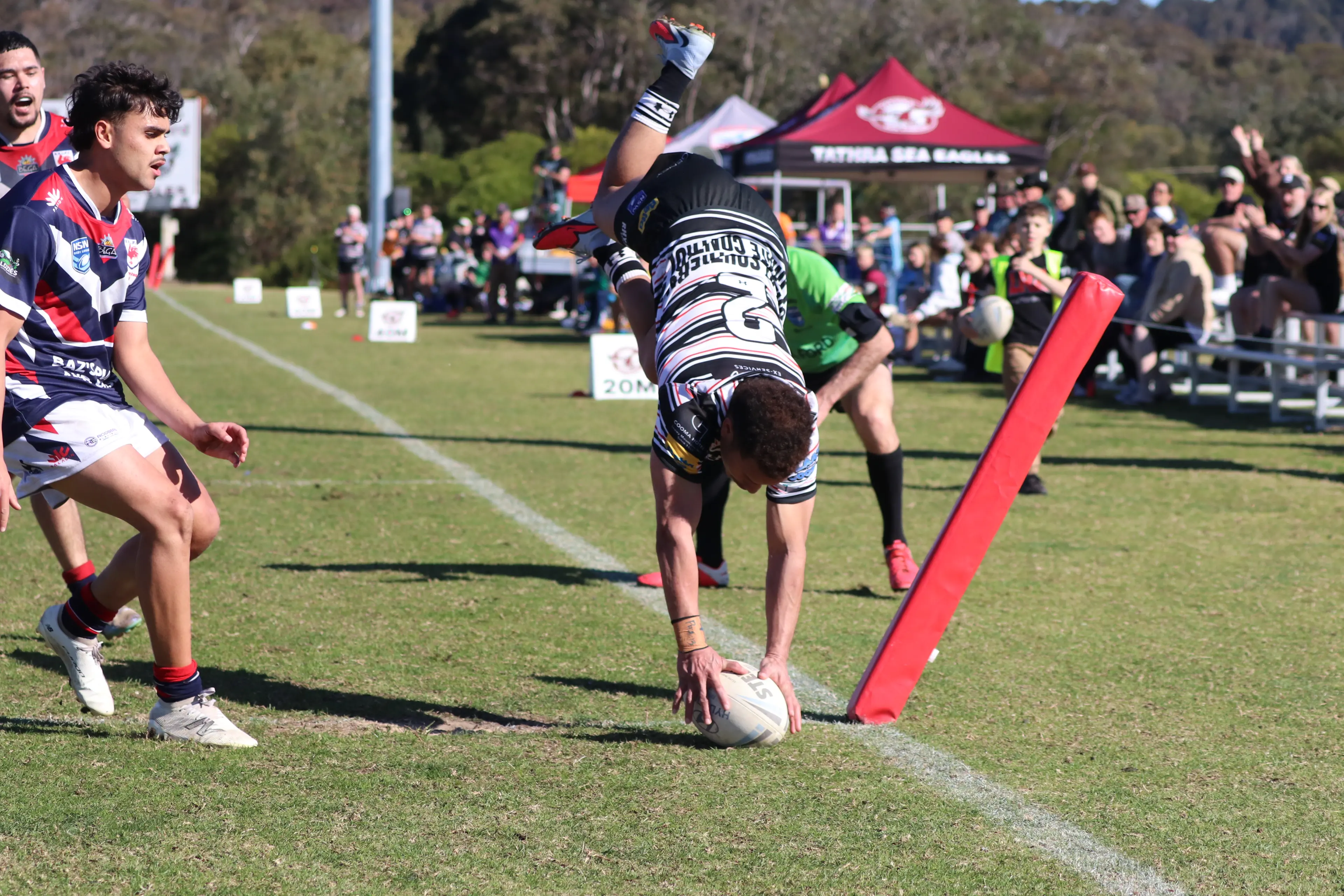 <p>ACROBATICS: Stallions winger, Malcolm Pota, scores his second try in style with the reserve grade side winning 18-14. PHOTO: Nathan Thompson</p>\\n