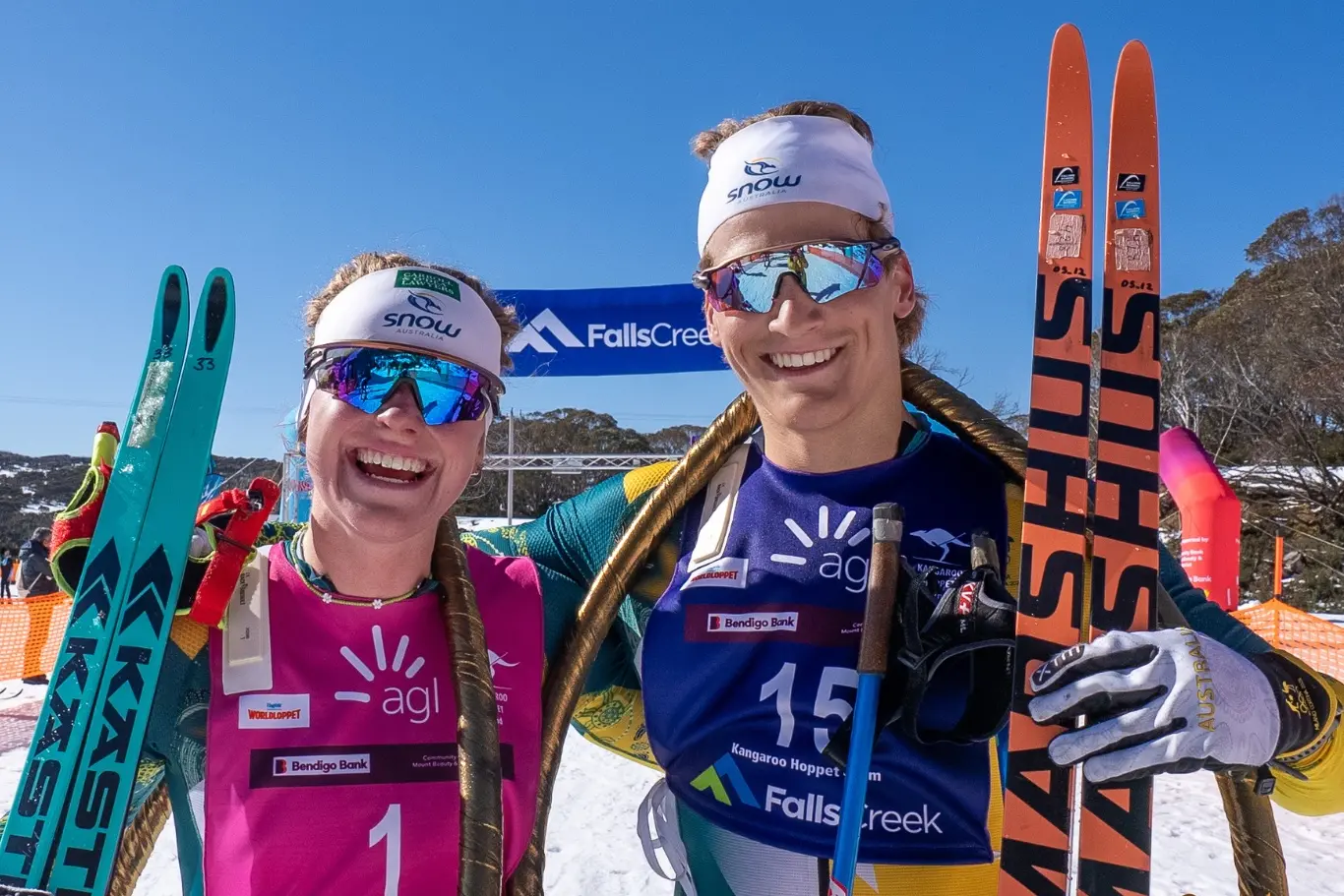 <p>WINNERS: Rosie Fordham and Lars Young Vik celebrate their success at the Kangaroo Hoppet. PHOTO: Chris Hocking</p>\\n