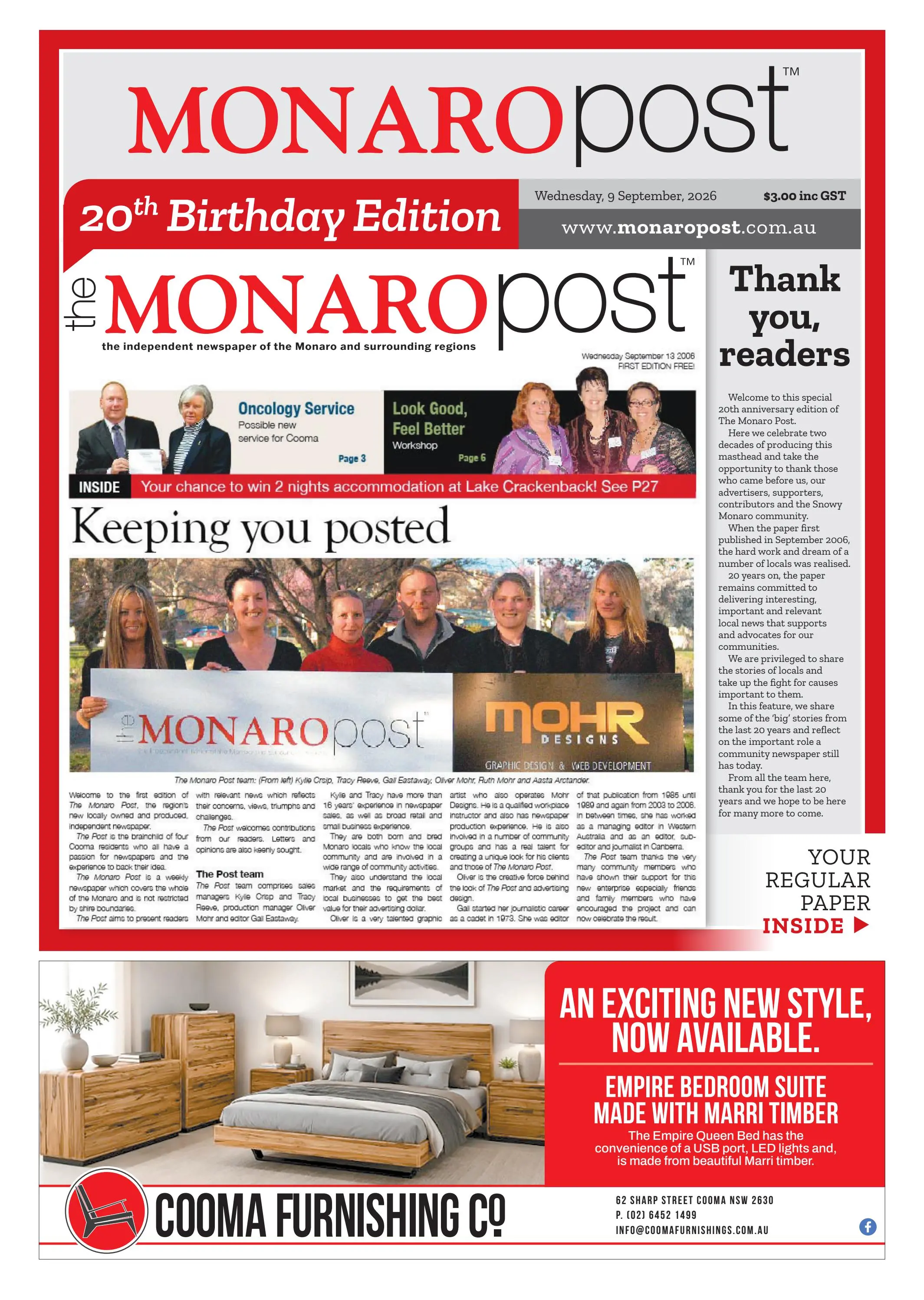 Monaro Post 20th Birthday Anniversary, Wednesday, 9 September, 2026