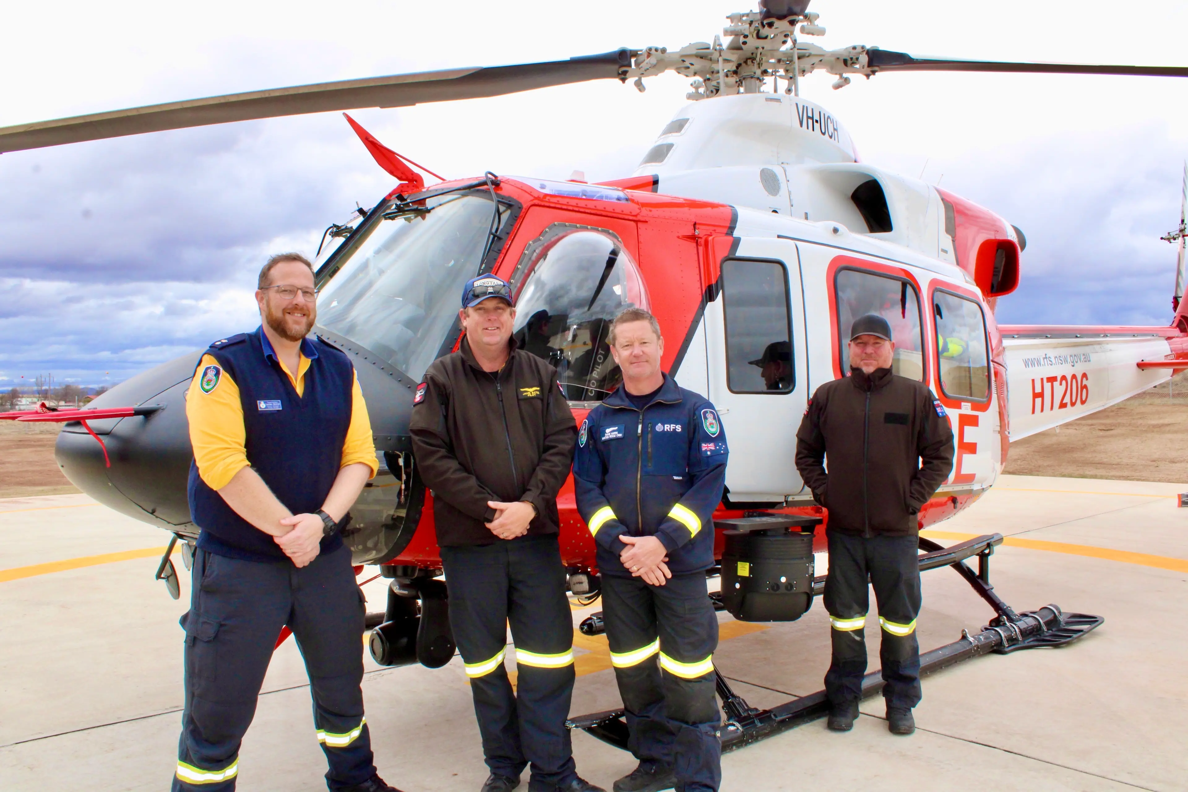 <p>AVIATION: Snowy Monaro RFS district manager, superintendent Lachlan Gilchrist, (left) with helicopter pilot, Jamie Bates, RFS senior aviation officer, Shane Harris and air crew officer, David Turnbull. PHOTO: Melinda Cairns Hack</p>\\n